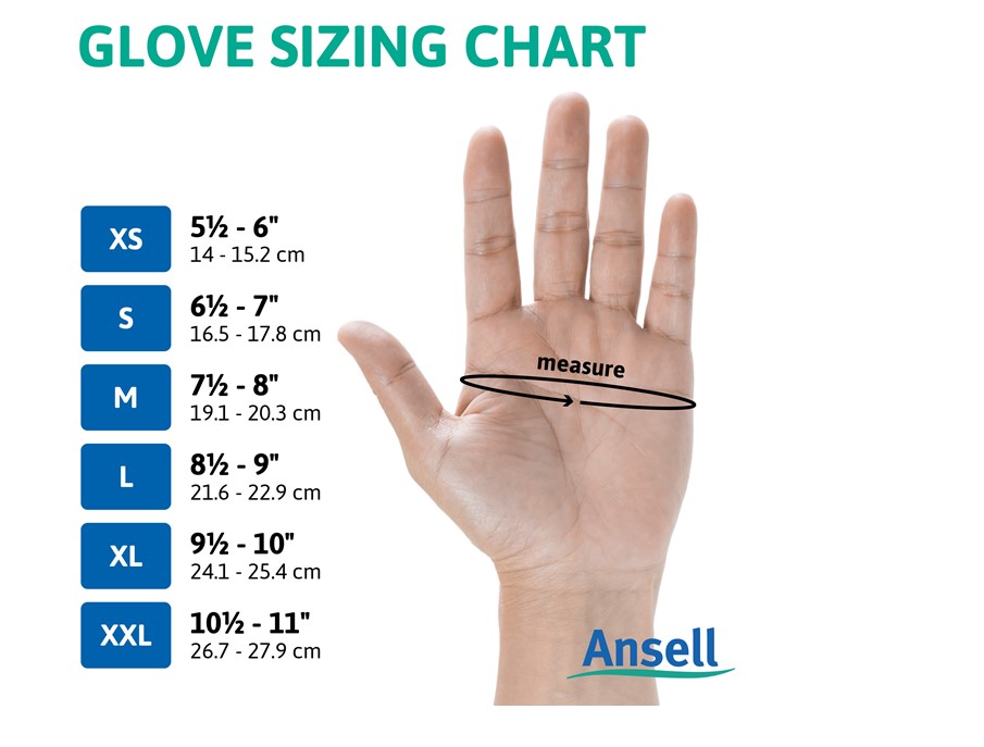 Chart with glove sizes and corresponding sizes and a hand showing to measure in the middle of your palm.