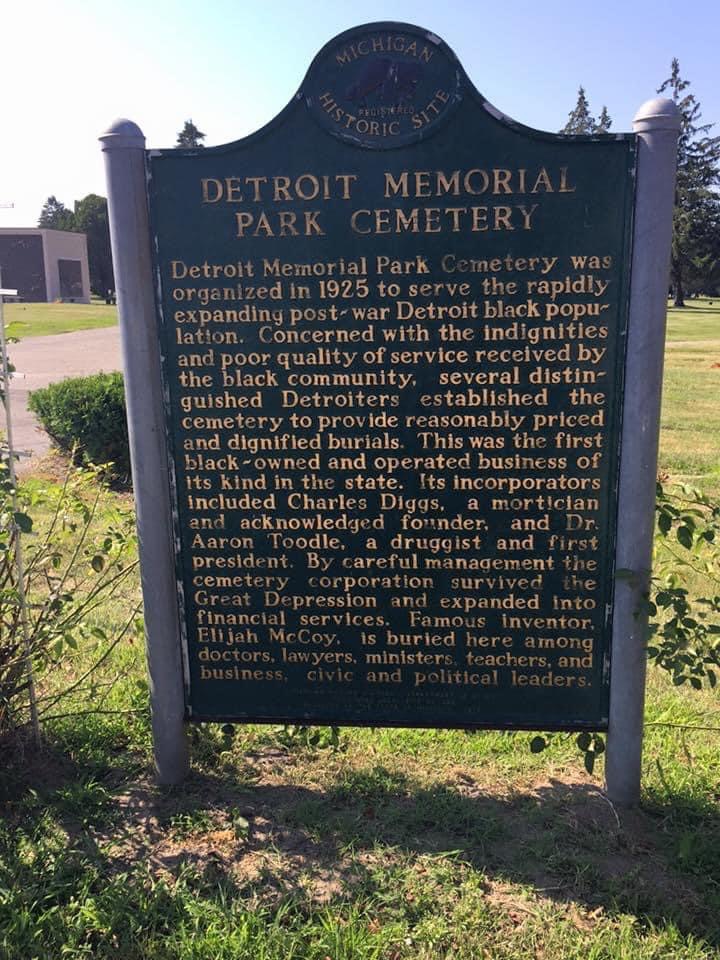 A historical marker at Memorial Park Cemetery in Detroit