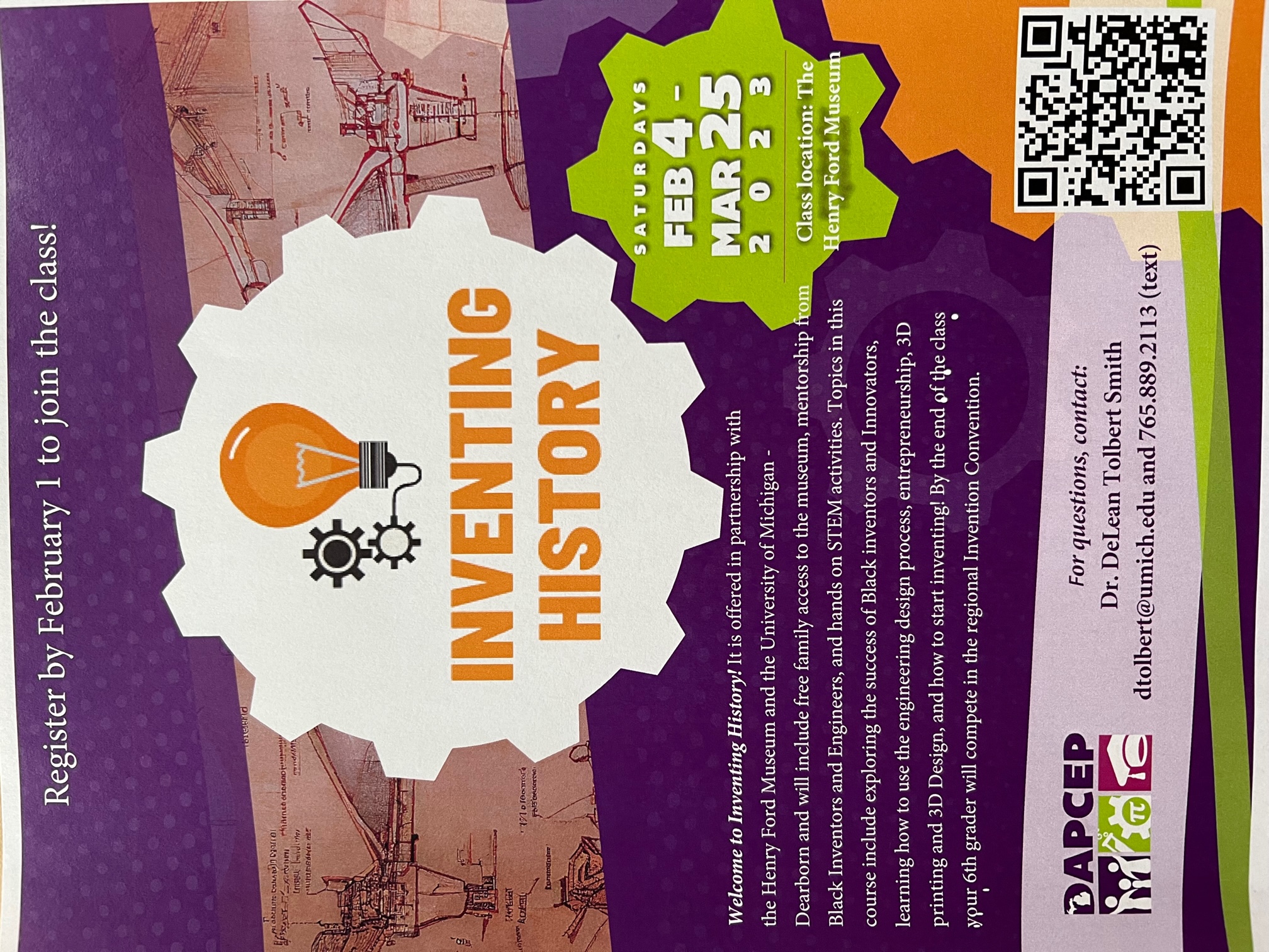 a flyer for "inventing history" a saturday class offered for 6th graders at the henry ford