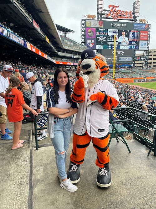Allysa DeCato with Detroit Tiger Mascot