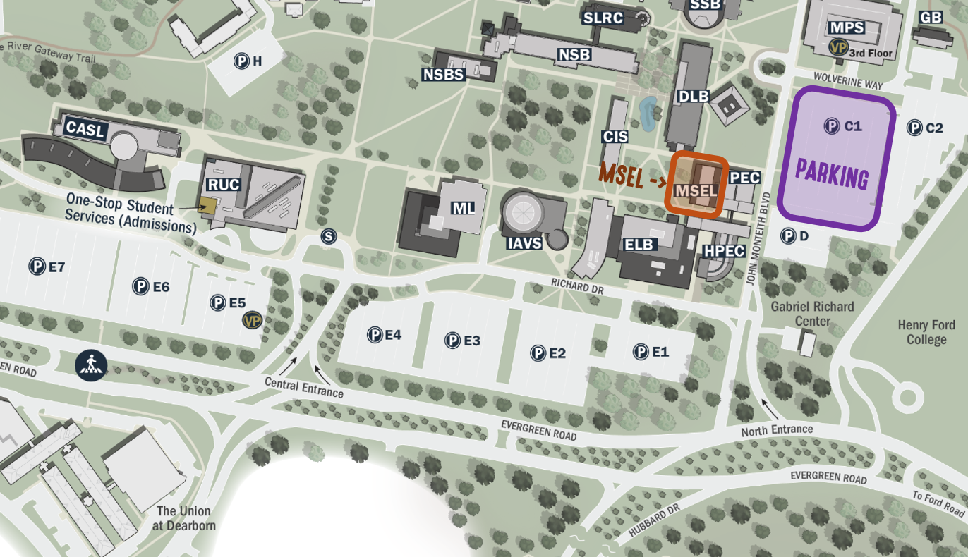 Map of UM-Dearborn highlighting the MSEL building and parking lot C1
