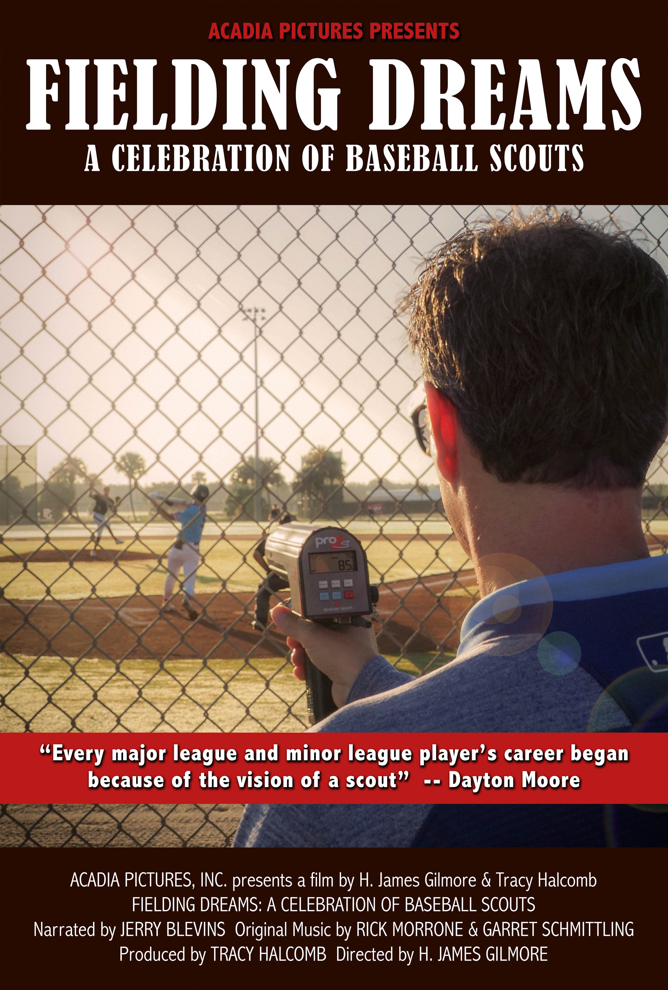 A film poster for "Fielding Dreams," featuring a person with a radar speed gun pointing it at a batter taking a swing on a baseball field