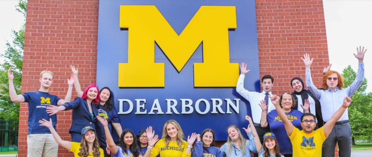 Students gathered by the M Block Dearborn on campus.