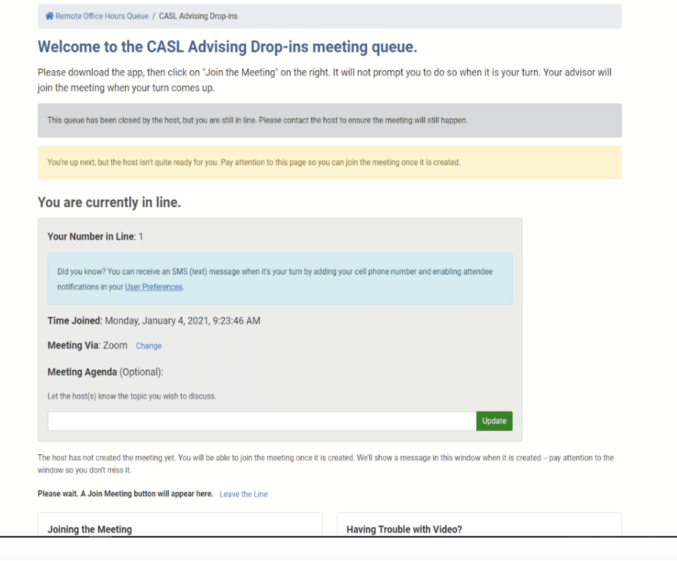 Screenshot of CASL Advising Drop-in meeting queue