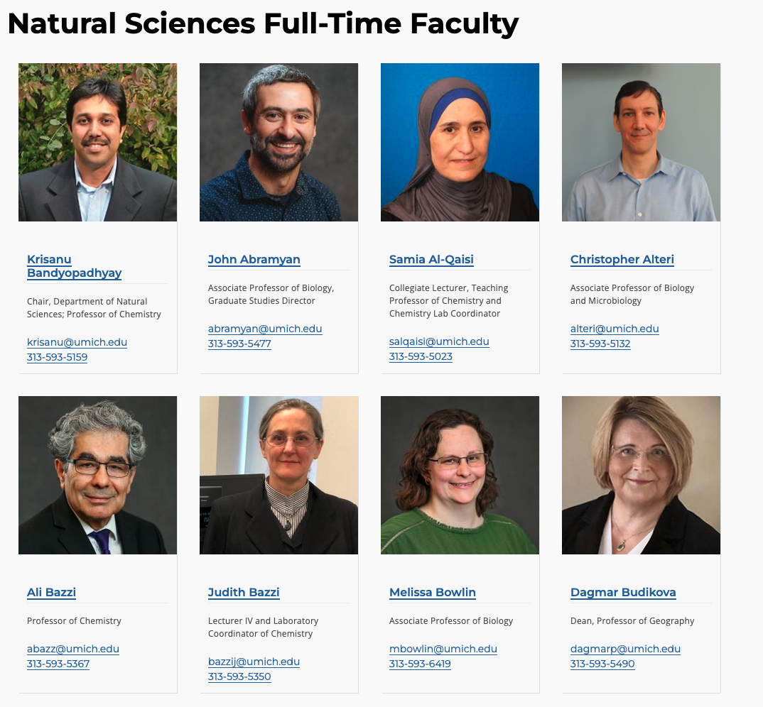 Example of 8 faculty members from Natural Science department listed in a Faculty/Staff Grid component