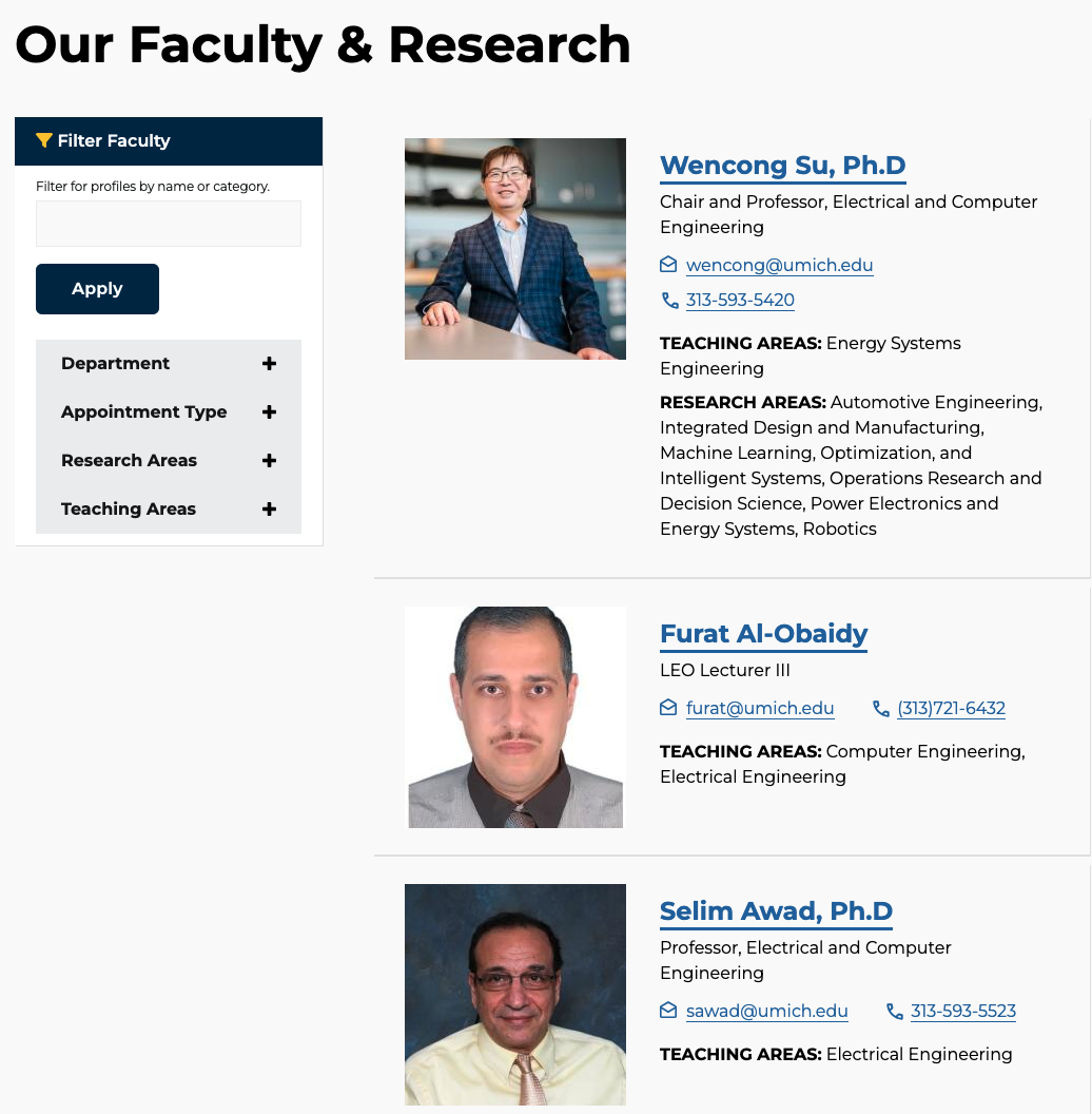 Filterable List of 3 faculty from Engineering in the Filterable Faculty/Staff List component
