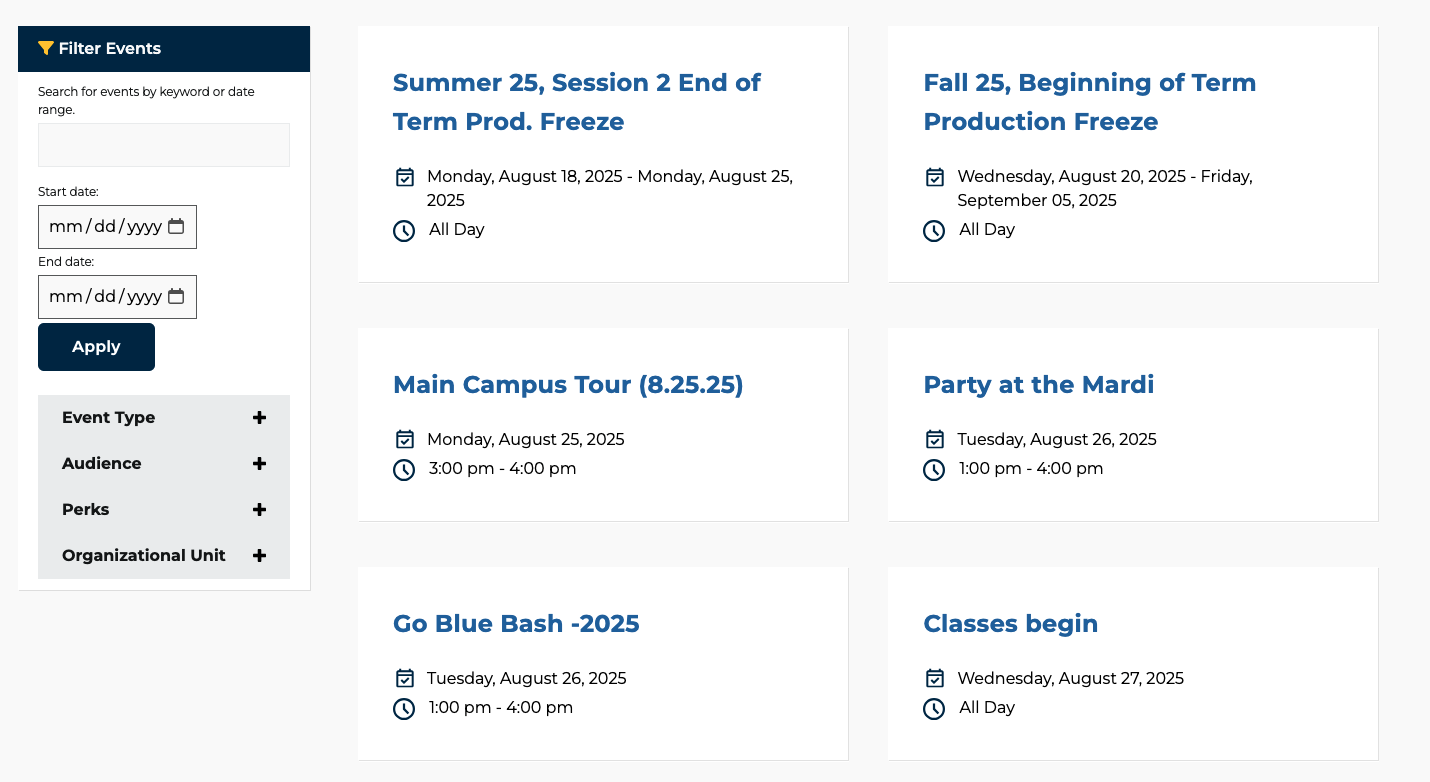 Example of 6 events in the Events Filterable List component