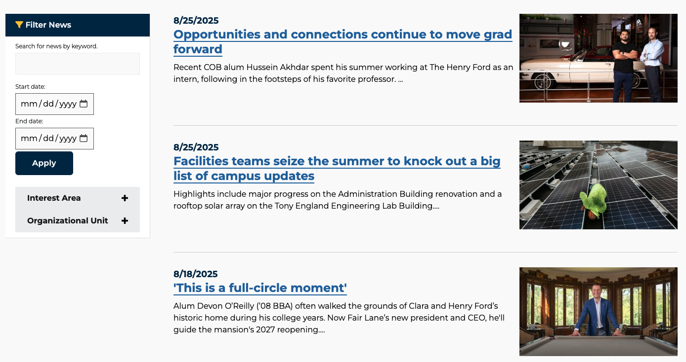 An example of 3 news stories in the News Filterable List component