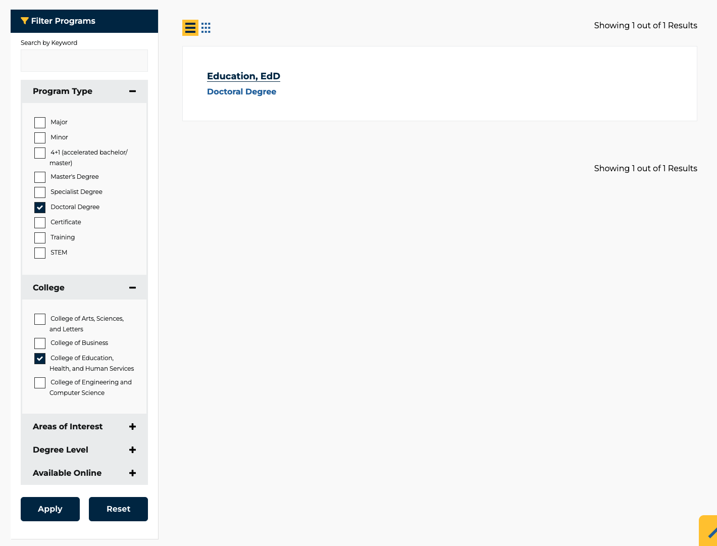 Example of Program List component filtered by 'Doctoral Degree' and 'College of Education, Health, and Human Services' displaying 1 result: Education, EdD degree.