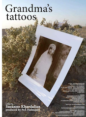 Grandma's Tatoos film poster depicting a picture of a woman in bridal white traditional dress, found thrown on green bushes.