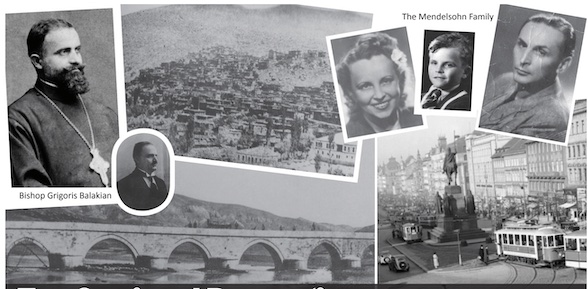 Collage of 5 black and white images. 1. Bishop Gripgoris Balakian's profile on the upper left side. 2. An Armenian village in the upper center. 3. Three pictures of the Mendelsohn Family (Mother, Son and Father) on the upper right side, 4. A city square with a horse statue in the middle, buildings in the background, trams and people going around the statue in the lower right side, 5. An old brick bridge over a river on the lower left to middle side.