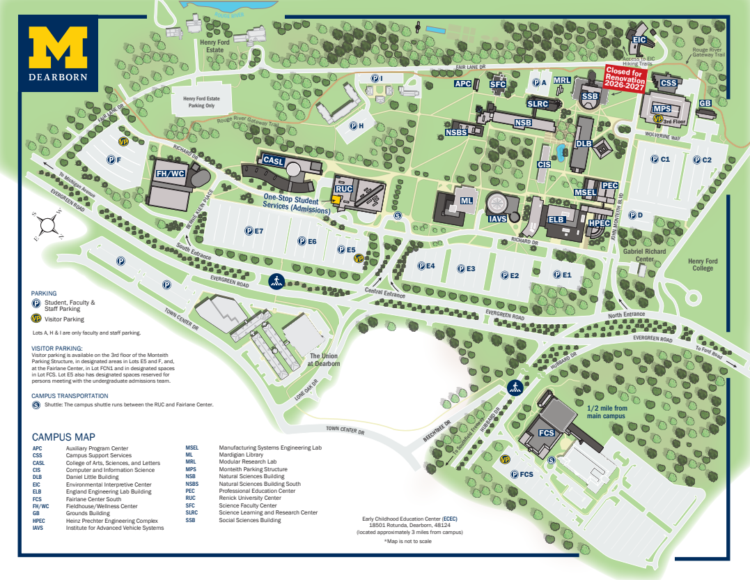 UM-Dearborn campus map identifying new ECRT office location