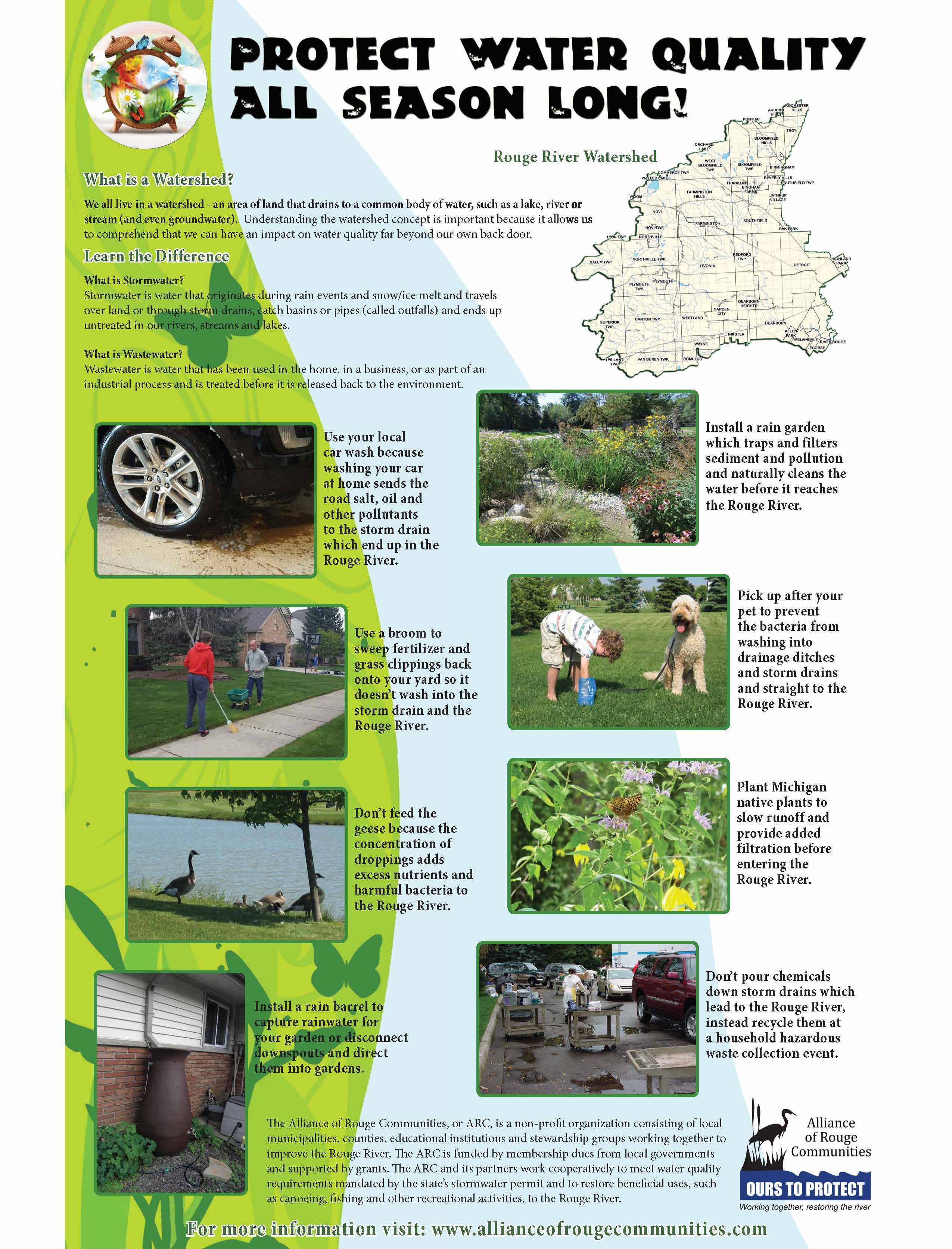 Spring flyer containing all the provided information. Graphics include a clock with flowers, grass, and butterflies, water dripping from a car, a rain garden, a man spreading fertilizer and a woman sweeping any off the sidewalk,  a boy picking up after his dog, water with geese by it, native plants with a butterfly,  rain barrel next to a house, and a waste collection event.