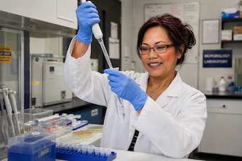Professor Sonia Tiquia-Arashiro uses a pipette while conducting microbiology research in a laboratory.