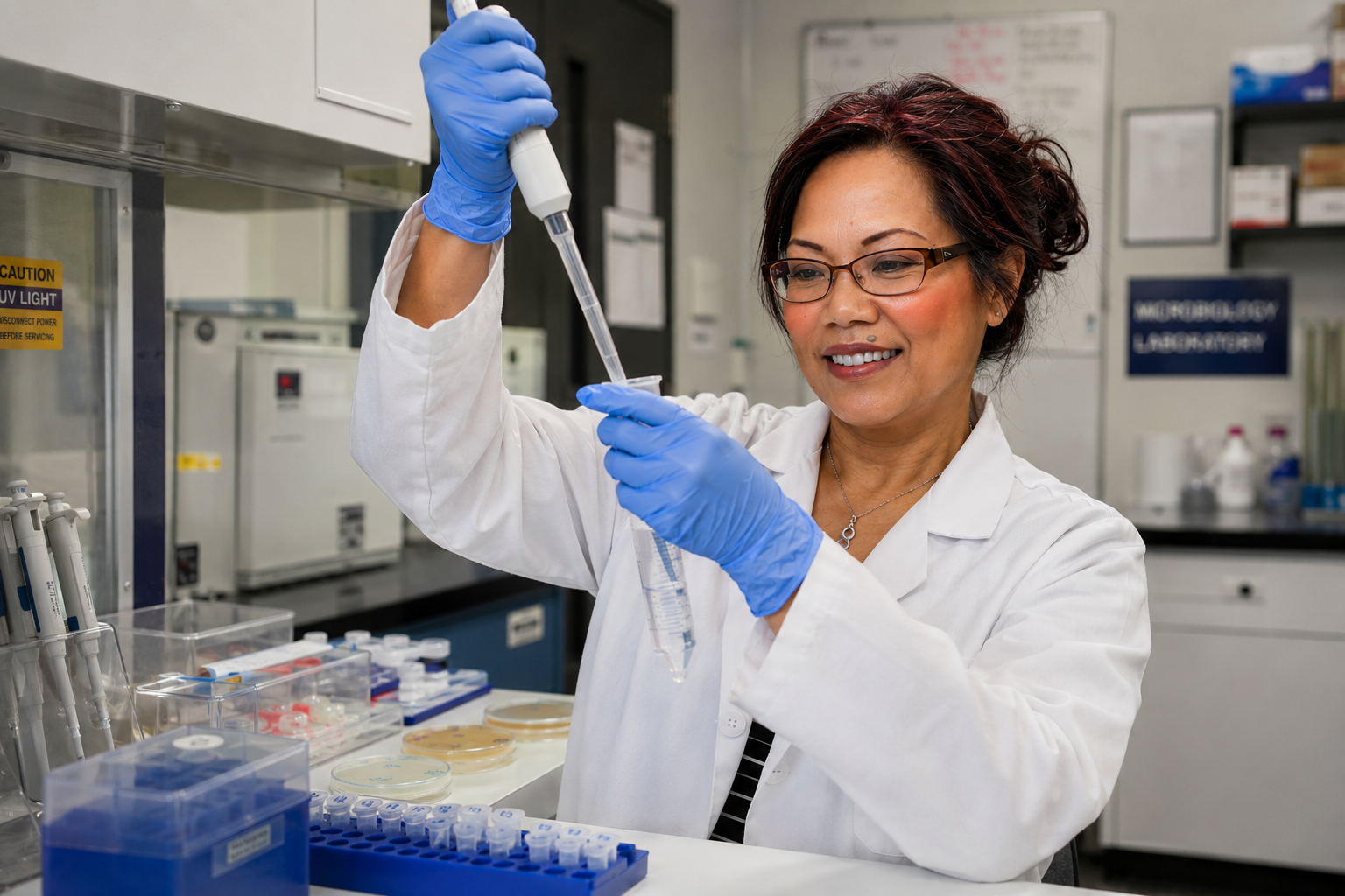 Professor Sonia Tiquia-Arashiro uses a pipette while conducting microbiology research in a laboratory.