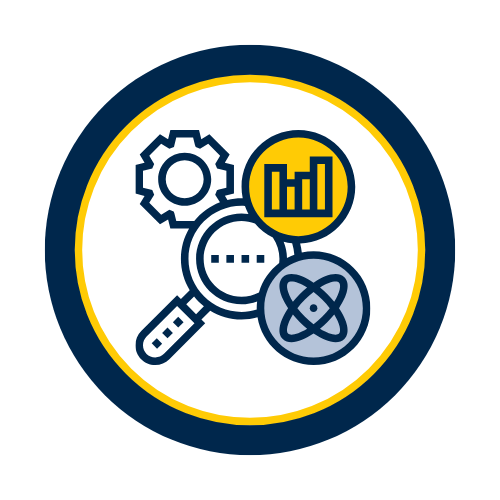 Logo consisting of a magnifying glass, a gear, a bar chart, and an atom symbol, all within a blue and yellow circle.
