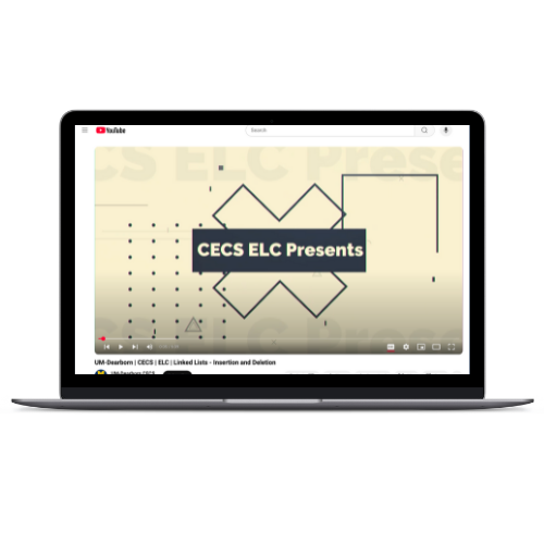 A laptop screen displaying a YouTube video titled "CECS ELC Presents". The video is paused on an introductory graphic.