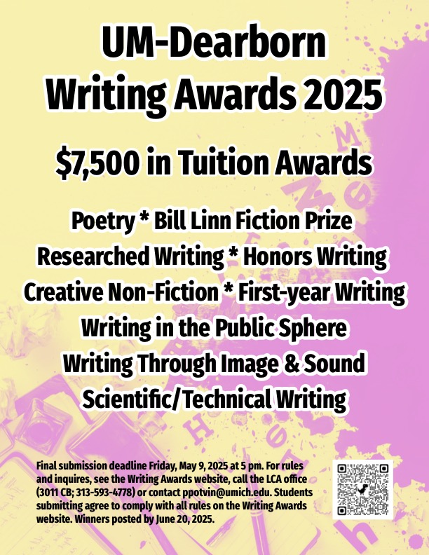 Informational image with black text over a pink and yellow background, displaying information for the 2025 UM Dearborn Writing Awards. Content on this image is available on the page.