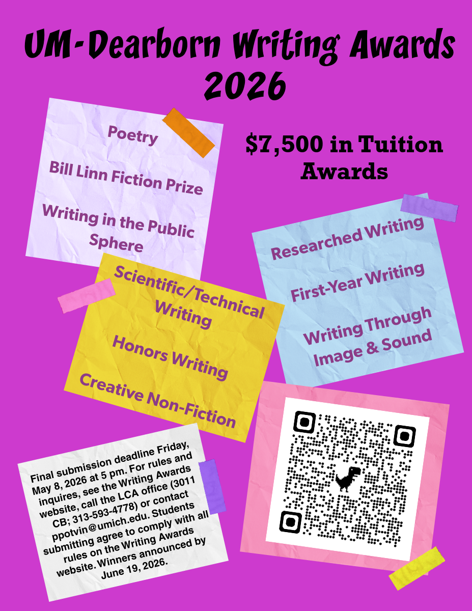 Informational image with black text and purple text over a purple background, displaying information for the 2026 UM-Dearborn Writing Awards. Content on this image is available on the page.