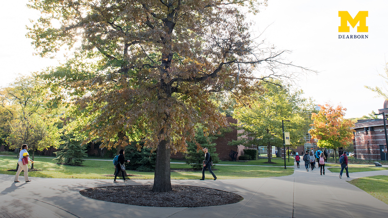 Students walking through UM-Dearborn campus.