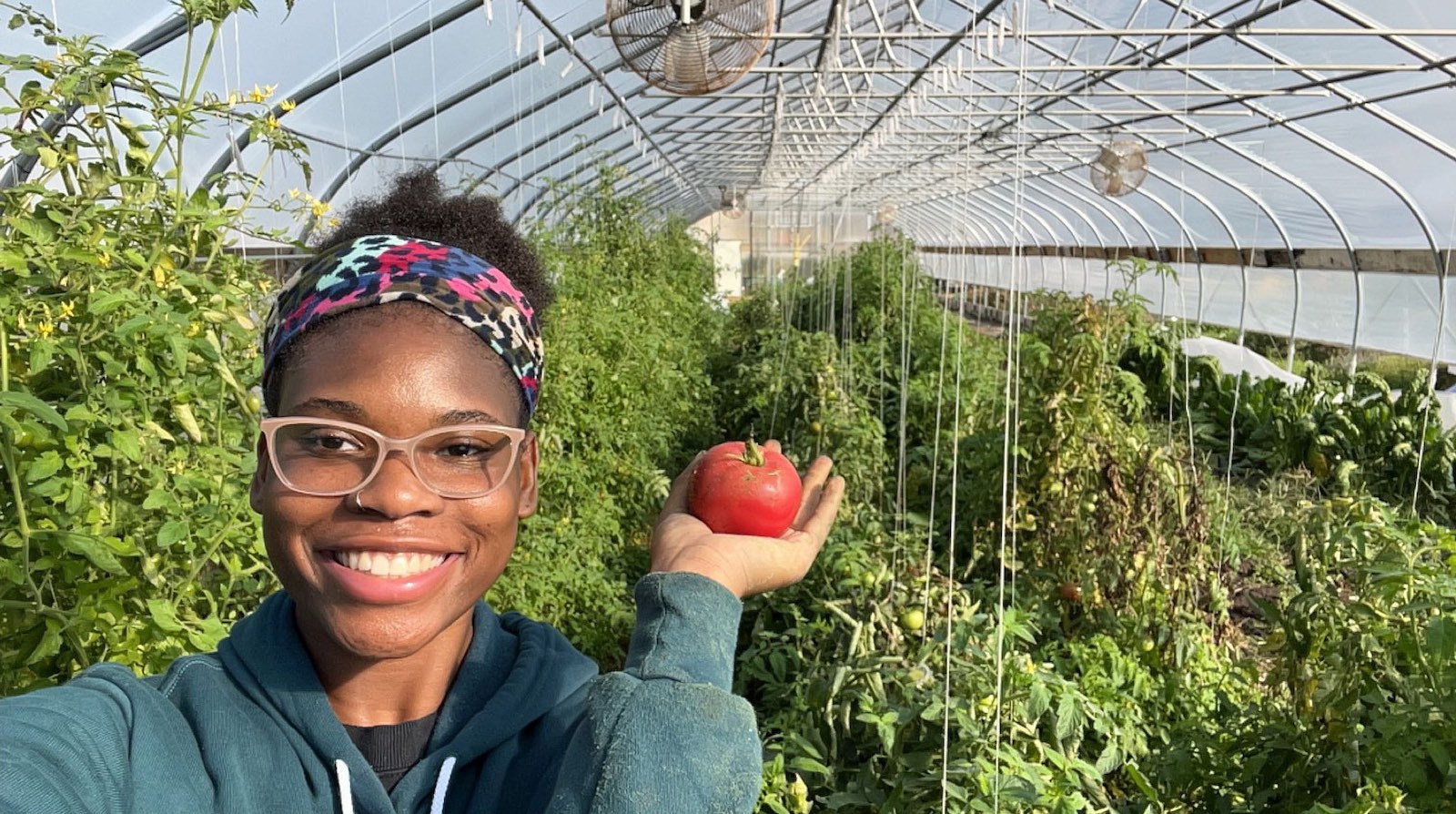 Holding a fresh picked tomato in her hand, student Briana Hurt poses for a photo in a high tunnel in the height of summer.