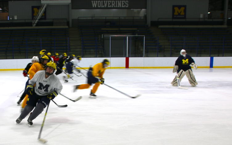 The ice hockey team works together during practice drills.