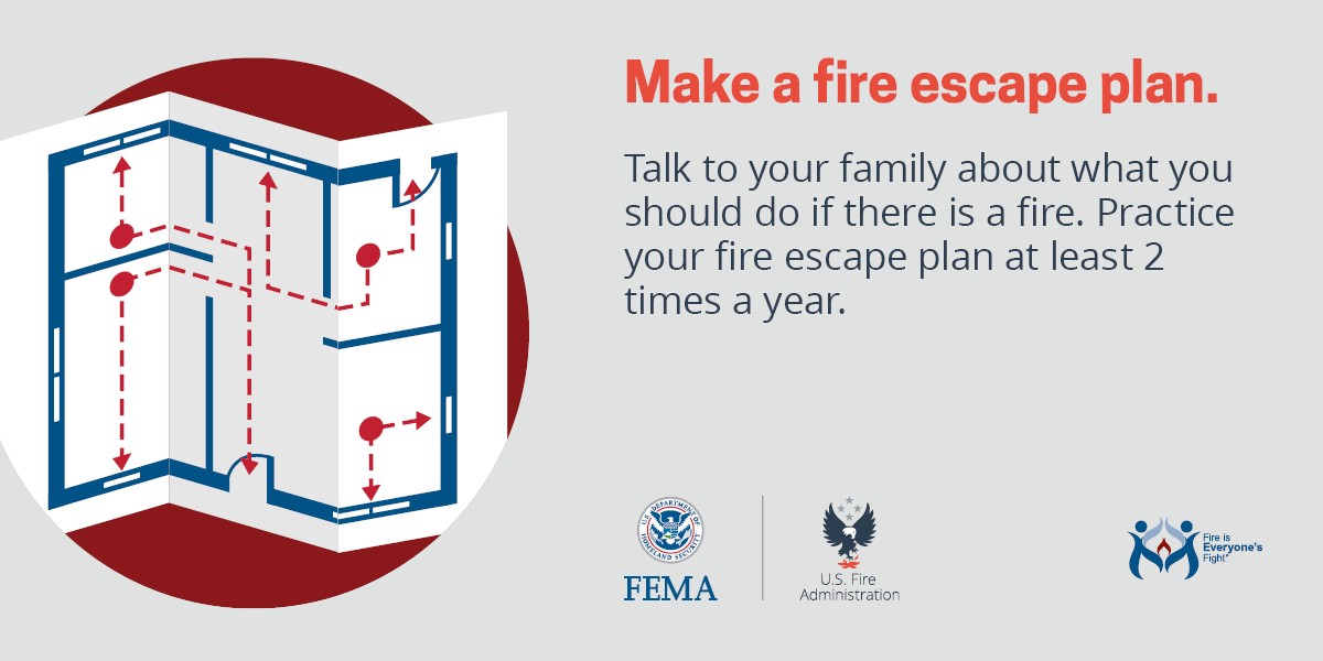 Floor plan showing dotted arrows showing how to get out of rooms. ake a fire escape plan. Talk to your family about what you should do if there is a fire. Practice your fire escape plan at least 2 times a year.