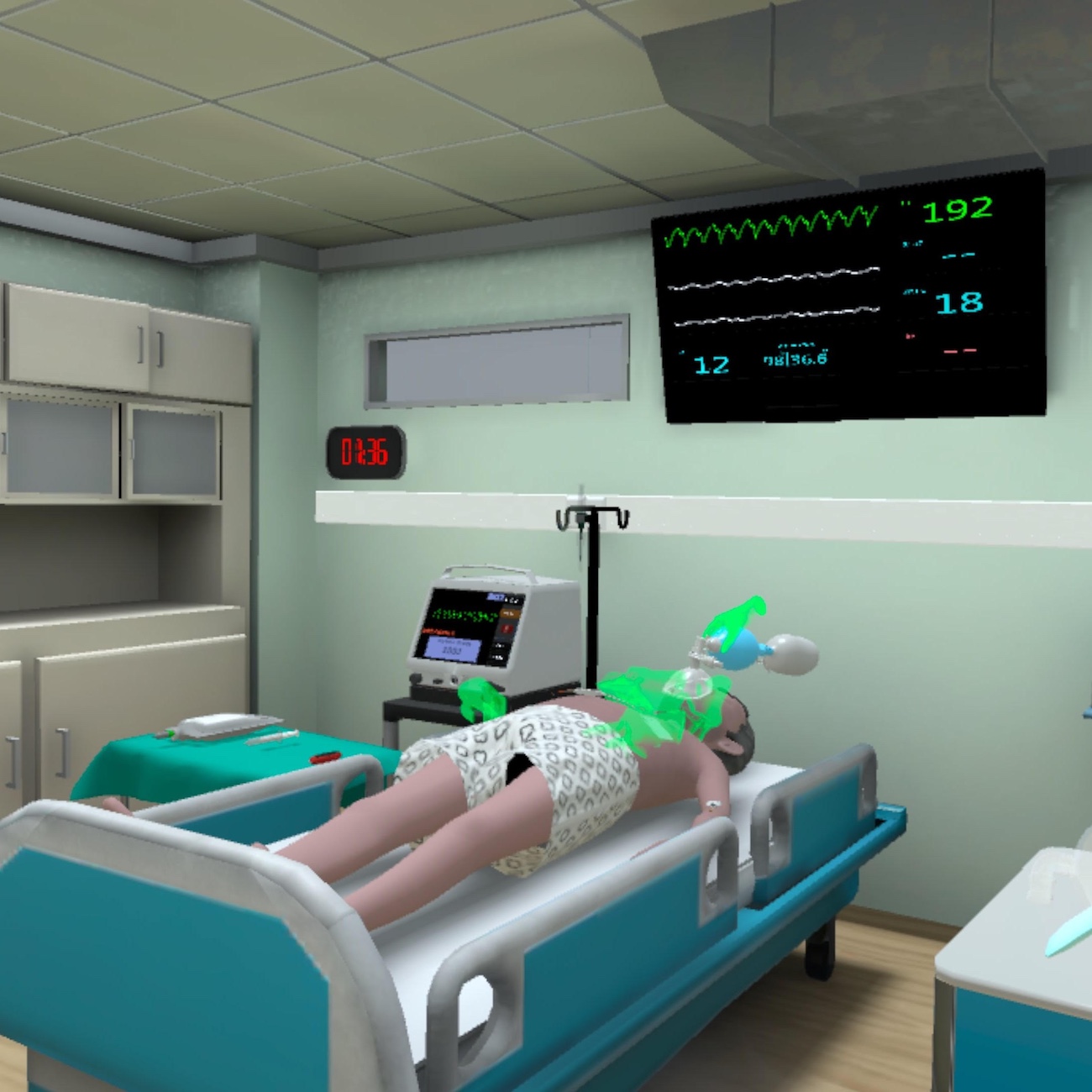 A screenshot of a medical VR simulation showing a hospital emergency room and a VR patient on a gurney