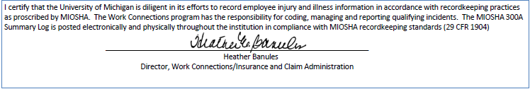 Signature for the 2025 MIOSHA Annual Summary of Recordable Cases