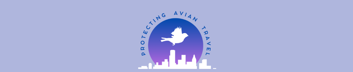 bird icon flying over city scape with blue purple background