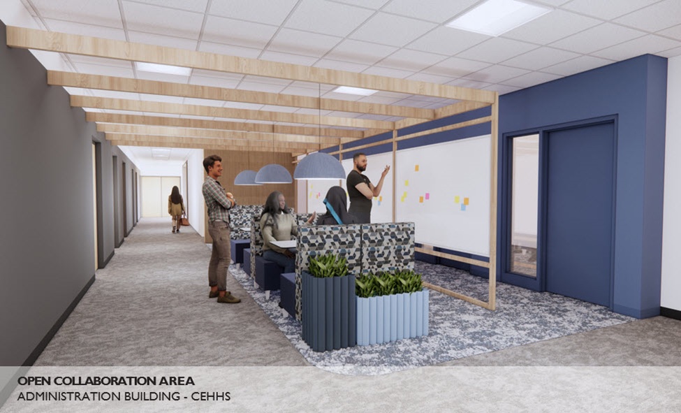 Open Collaboration Area for CEHHS in the AB building. Upholstered seating with whiteboards.
