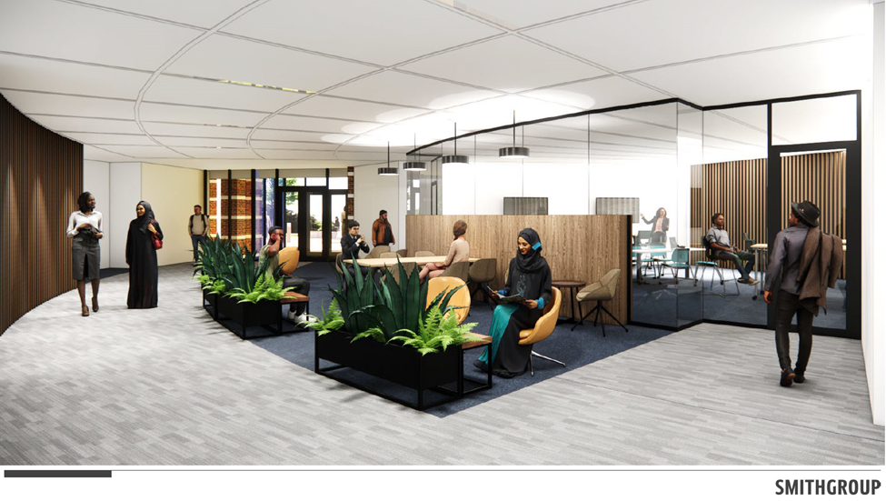 Concept for the COB remodel in the SSB building. Seating area for students with a glass enclosed room behind.