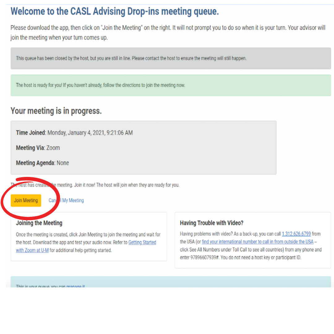 screenshot of joining CASL advising meeting button