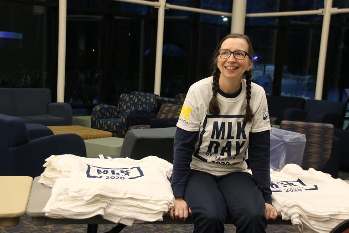 Retired staff member Karen Holland has volunteered for the MLK Day of Service since it began; most of the MLK Day of Service T-shirts from the early years of the event on display in the University Center are hers.