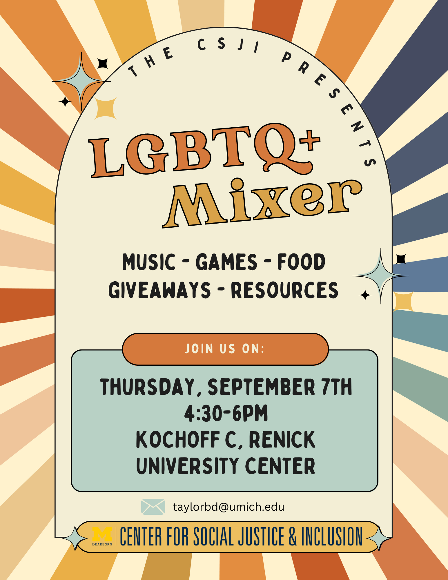 Beige flyer with rainbow accents and details about the LGBTQ+ Mixer