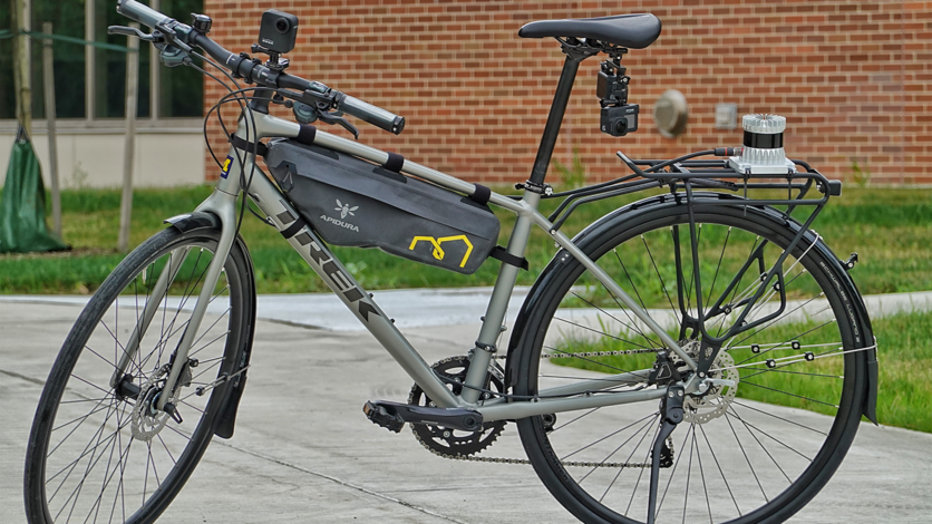 Feng's research bikes feature several onboard cameras and a lidar system mounted to the rear rack.
