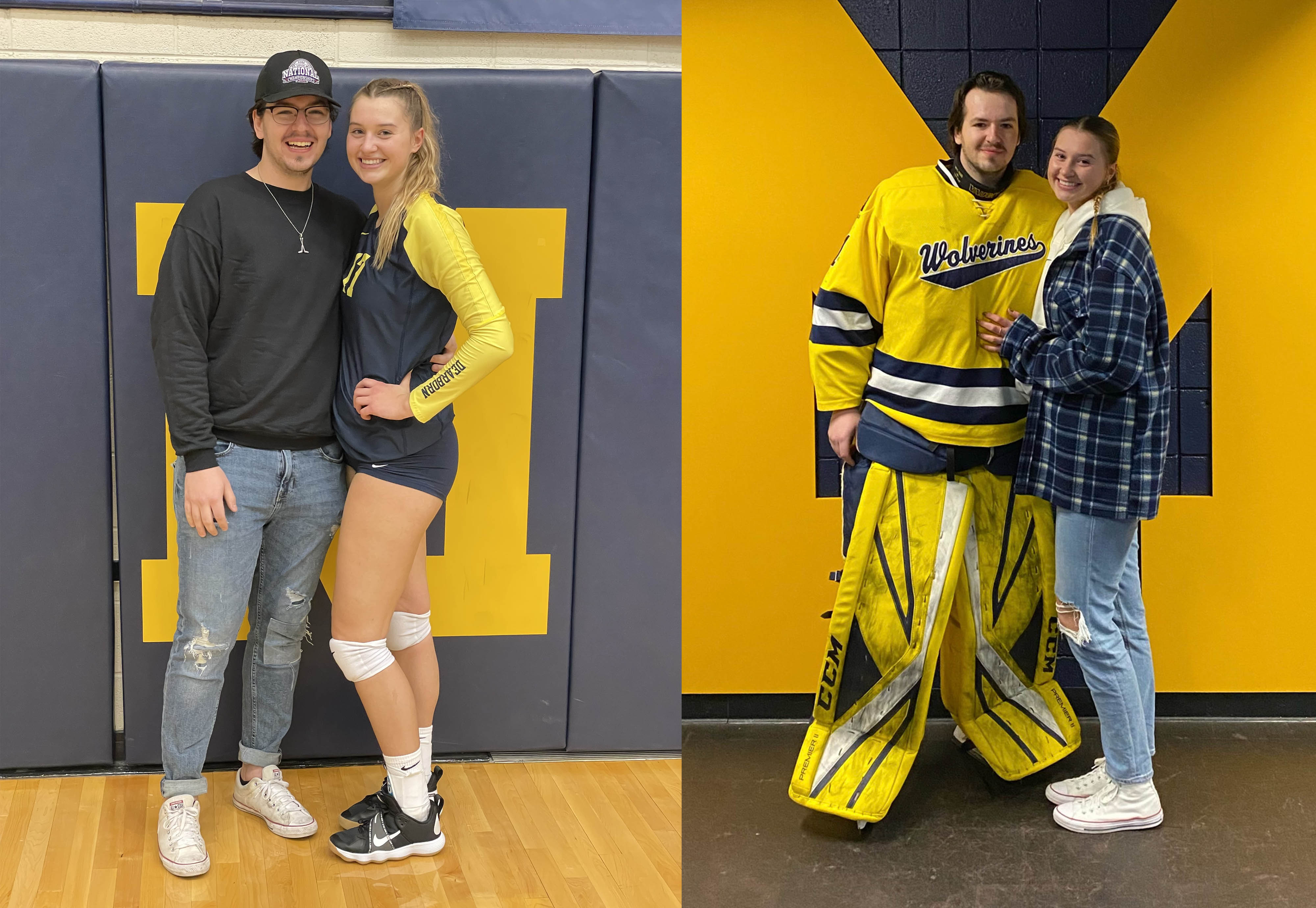 Two photos of couple Kayden Pickles and Allie Federlein. In one shot, Kayden is wearning his UM-Dearborn goal pads and uniform; in the other, Allie is wearing her athletics uniform.