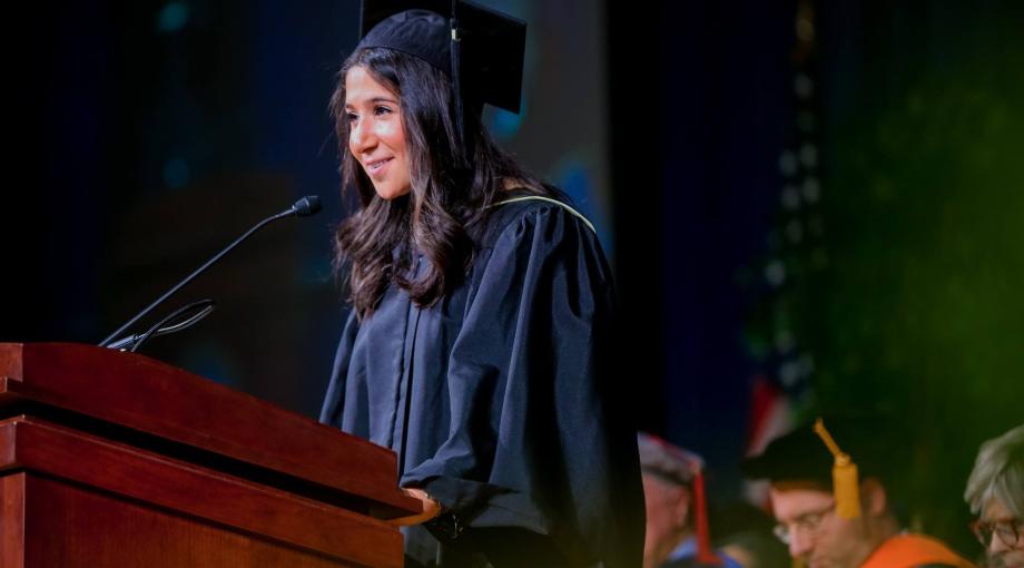 Female graduate speaking at Commencement Ceremony