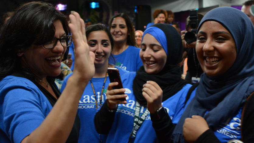 U.S. Representative Rashida Tlaib at her 2018 watch party celebration. Photo by Razi Jafri