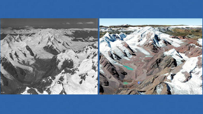 Oblique aerial views of the Vilcanota Range in Southern Peru: photograph by George Johnson from 1931 on left; Google Earth satellite image from 2021 on right