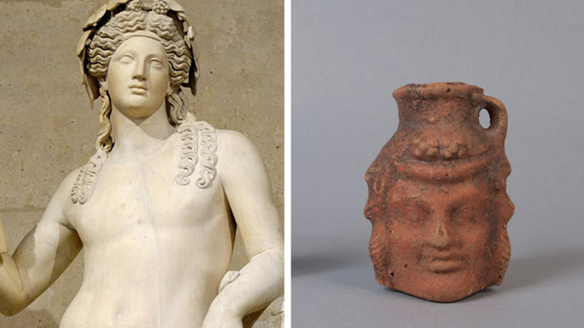 For sure, Dionysus has had more flattering renderings than this first-century BCE Roman “juglet” (right). (Credit: Juglet, Kelsey Museum of Archaeology 6542, University of Michigan; statue, 2nd-century Roman, Louvre)