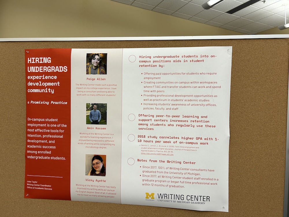 A professionally printed poster pinned on a corkboard, divided into a red section on the left and a white section on the right. The red side uses bold, white text to announce “Hiring Undergrads – experience, development, community, a Promising Practice.” It describes on-campus student employment as vital for retention, professional growth, and academic achievement. Three student testimonials appear with photos, names, and comments. Paige Allen shares her positive experience helping students, Amin Kassem explains that the Writing Center is a wonderful learning environment for his microbiology studies, and Vicky Ayotte describes improved English skills and personal growth. The white side features bullet points explaining how undergraduate on-campus jobs aid retention through paid opportunities, community creation, professional development, and increased awareness of services. Peer-to-peer learning benefits and a 2018 study correlating higher GPAs with on-campus work are noted. A final section covers post-graduation outcomes, stating that since 2017, all Writing Center consultants have graduated from UM-Dearborn, and most go on to graduate school or full-time professional work. The University of Michigan-Dearborn Writing Center logo appears at the bottom right.