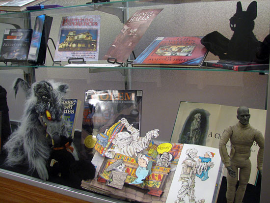 Display of Halloween books and toys