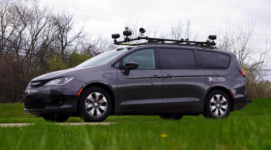 A gray minivan equipped with sensors attached to a rooftop rack. Photo courtesy Dataspeed