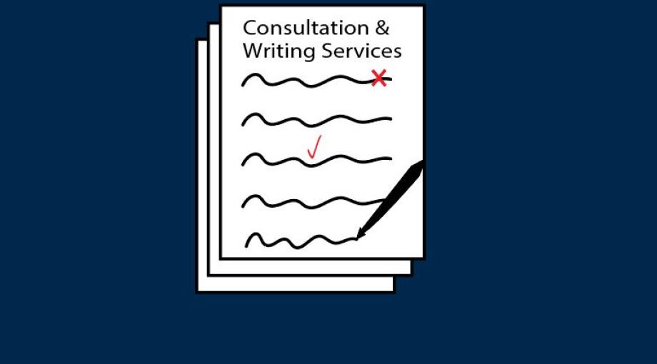 Graphic that reads Consultation and Writing Services on three sheets of paper