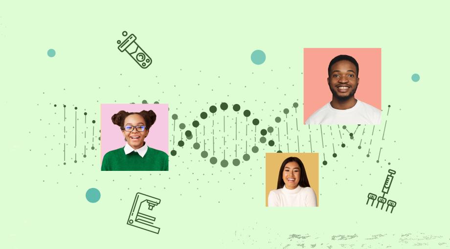 A collage graphic showing young people of different ethnicities, surrounded by symbols representing DNA