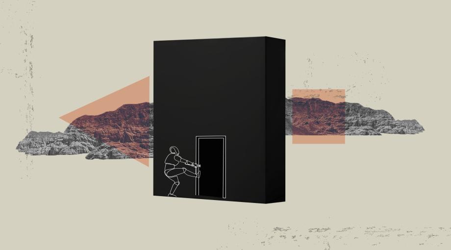 An humanoid line drawing figure attempts to pull open a stuck door on a black rectangular monolith, set amidst an illustrated desert landscape.