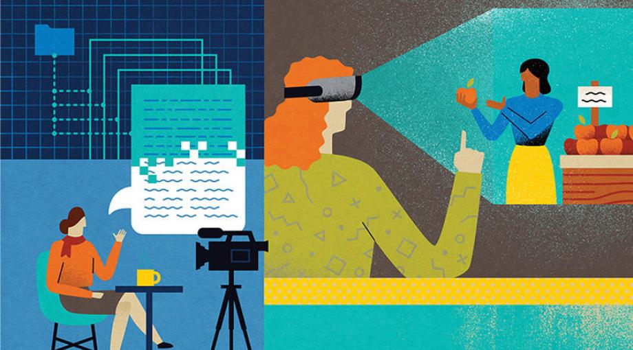 Graphic of someone being video recorded and someone looking through virtual reality glasses. Illustration by: Melissa McFeeters