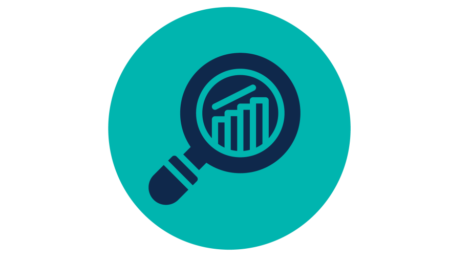 Icon showing a magnifying glass looking at a bar chart.