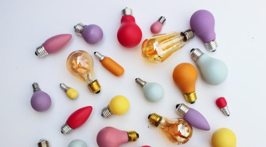 Lightbulbs of different shapes, sizes and colors.
